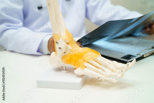 Принти на полотні Doctor examining foot ankle  joint bone radiography xray film.