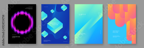 Professional set of four modern posters featuring 3D isometric cubes neon circles and fluid color gradients