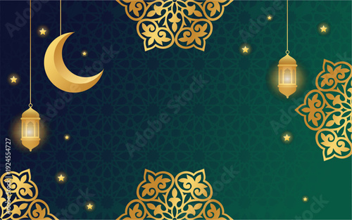 happy eid al fitr template with beautiful islamic ornament with blue and green background design.