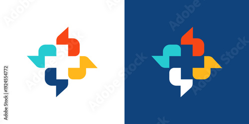 Dual meaning logo combining talk and medical plus elements, symbolizing healthcare communication, patient support, consultation services, and accessible modern medical solutions.
