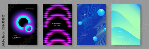 Collection of four modern posters featuring neon circles wavy lines and vibrant blue green gradients for contemporary decor