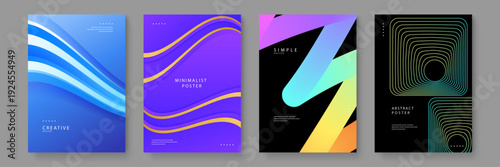 A set of four creative posters featuring blue waves purple curves rainbow ribbons and abstract wireframe squares
