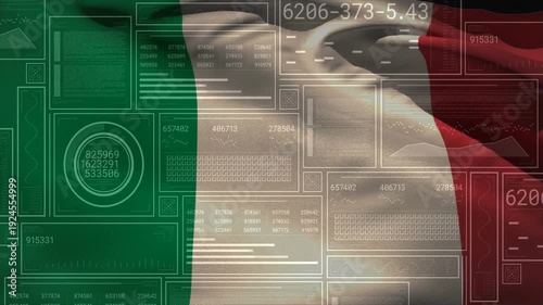 Italian tricolor flag waving as camera tightening on central stripe, HUD updating, showing folds