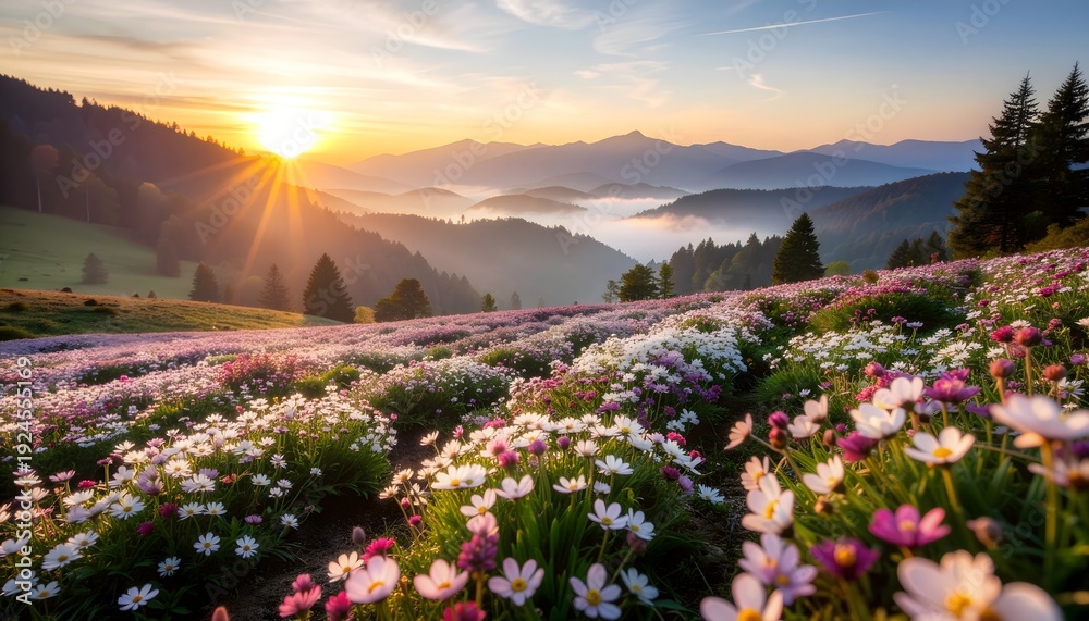 Obraz premium Beautiful sunrise over a vibrant field of pink and white wildflowers with misty mountains and rolling hills in the background.