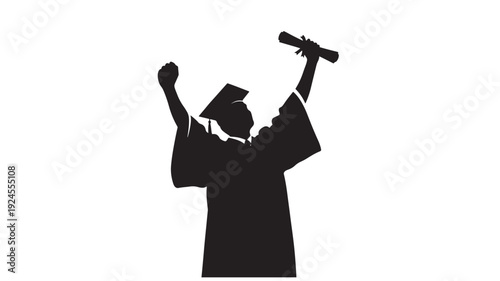 Graduate Celebrating Success in Silhouette with Raised Arms and Diploma in Dramatic Black and for Education Transparent BACKGROUND