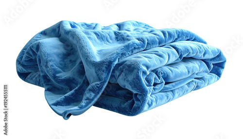 Folded blue fluffy blanket, soft texture, isolated on black background