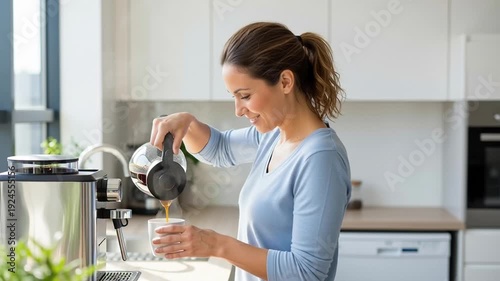 Woman Pouring Water from Kettle in Kitchen.