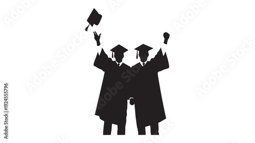 Graduates in Academic Regalia Silhouette with Triumphant Gesture in Black and for Education Illustration Transparent BACKGROUND