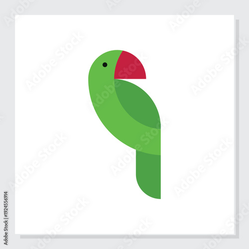 Green parrot illustration with red beak graphic design on white background viewed from side