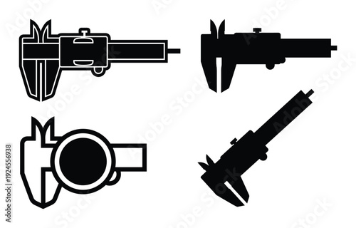 Caliper illustrations set, Outline and silhouette measurement tool designs, precision instrument, engineering, technical drawing, isolated