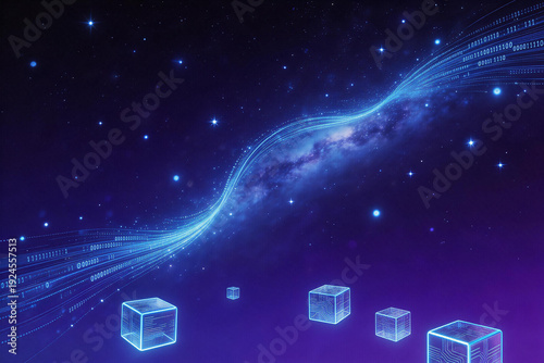 Abstract digital cubes float against a cosmic backdrop with glowing data streams and starry space. Represents technology, science, and futuristic concepts.