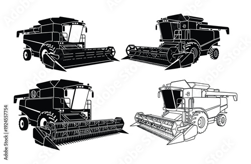 Detailed combine harvester vector illustrations featuring black and line art designs on white background.
