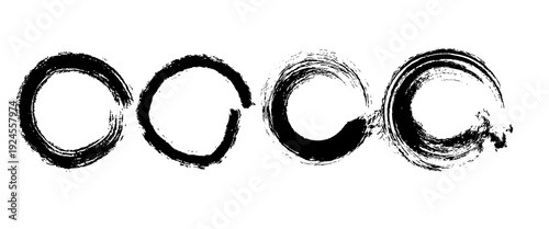 Japanese round brushstrokes. Vector Asian enso circles. Straight distress long lines set. Chinese black zen calligraphy elements. Abstract Buddhist border collection