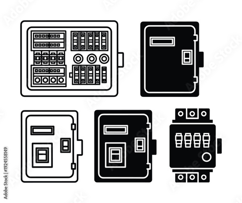 Electrical Panel Vector Illustration: Open and Closed Circuit Breaker Boxes, Electrical Components