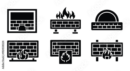 Fireplace icons set, brick wall fireplace vector illustrations. Fire and brick chimney with different styles.