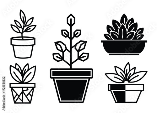 Five potted plants in black and white outline illustration for decoration and gardening projects.