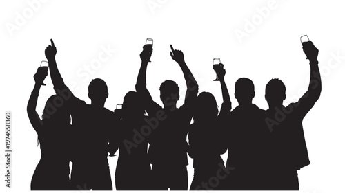 Silhouetted people celebrating with raised hands and mobile phones in dramatic black and for party invitation Transparent BACKGROUND