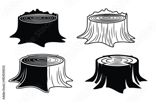 Four black and white tree stumps with ring patterns and jagged edges, different fill styles, isolated.