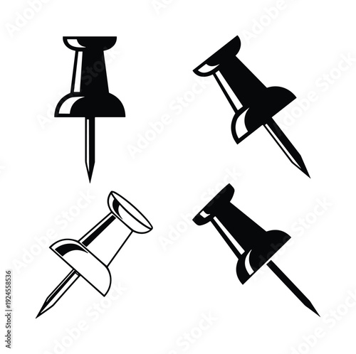 Four black pushpins in various perspectives with white background and a clean, minimalist design, suitable for a variety of projects.