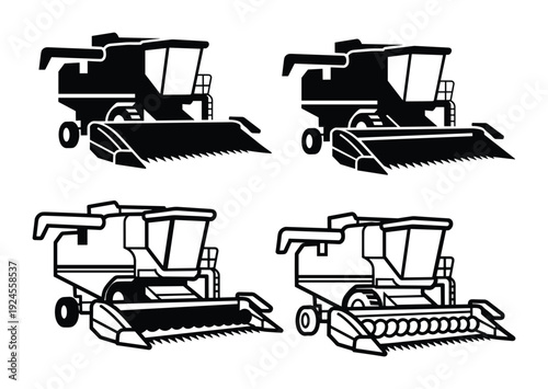 Four Combine Harvesters Silhouettes, Two Filled and Two Outline style, Agricultural Machinery, and Farm Equipment, Vehicle Vector Design