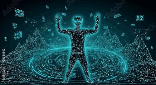 Person surrounded by virtual reality interface with glowing lines and futuristic background