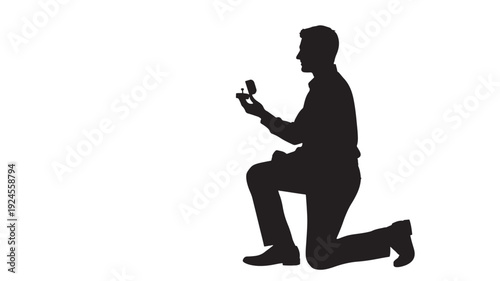 Man proposing with ring in silhouette on one knee in romantic gesture with dramatic lighting on isolated for wedding announcement Transparent BACKGROUND