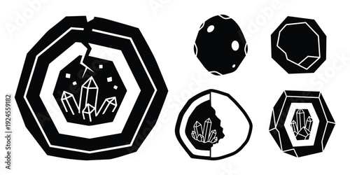 Geode crystals vector illustrations set, mineral stones, rock formations, with crystal cluster inside, vector art