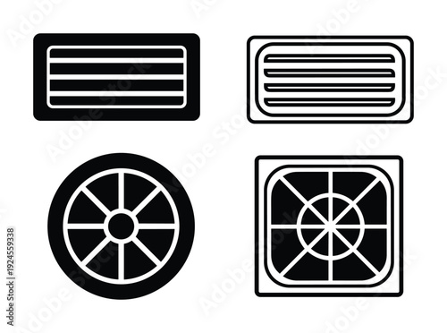 Grill vents and fan icons set. Black rectangular grill vents, circular, and square fan ventilation designs