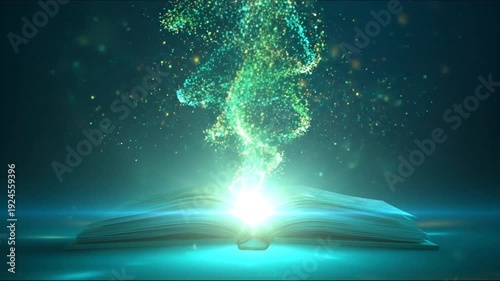 An open book emits bright light and swirls of energy, with a dark teal and green background