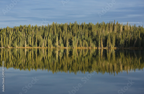 Peaceful morning lake reflection.