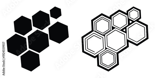 Hexagon pattern vector design in black and white, geometric honeycomb structure for graphic elements