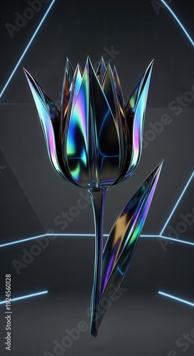 Futuristic metallic bloom with iridescent surface glows within a dark geometric space