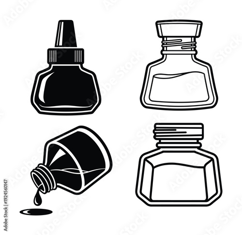 Ink bottles vector set. Four black and white inkwell illustrations for calligraphy projects.