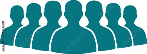 Teal silhouettes of seven people facing forward group