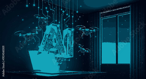 Drones and laptop illustration in dark room with blue glow futuristic technology concept modern workspace innovative design and abstract