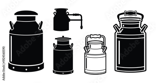 Milk cans silhouettes illustration, vintage milk containers, metal dairy cans collection, retro farm equipment.