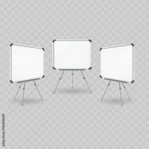 Realistic Whiteboard Mockup Set on Tripod. Vector Blank Dry Erase Presentation Board on Easel Stand.