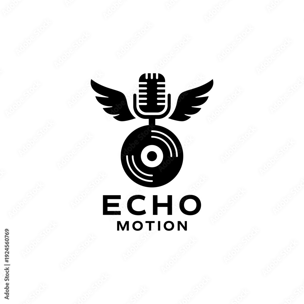 Obraz premium Echo motion logo with music wings microphone design ideal for music production companies, podcasts, and sound studios.