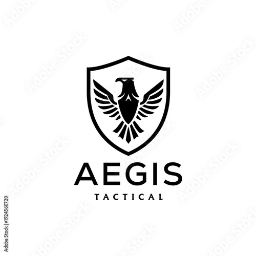 Aegis tactical logo featuring a black eagle shield for security, military, or defenserelated brands. Suitable for innovative emblem designs.