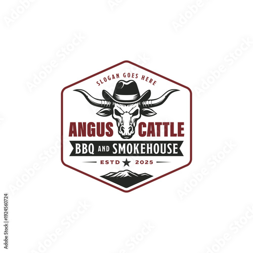 Design featuring an angus cattle silhouette with bbq and smokehouse elements. Perfect for branding and marketing for food businesses.