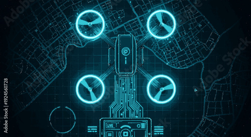 Futuristic drone technology with glowing blue circuitry and map background symbolizing advanced navigation and aerial innovation in modern