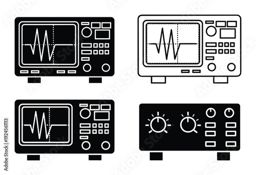 Oscilloscope vector set with wave signal, electronic test equipment icons in black and white. Electronics devices with display.