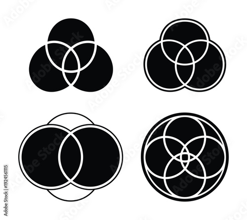 Overlapping circles diagrams vector set, geometric shapes, design elements, intersecting circles graphic pattern