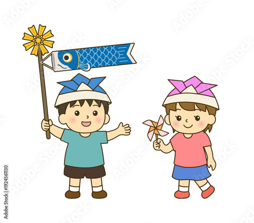 こどもの日を楽しむ男の子と女の子のベクターイラスト