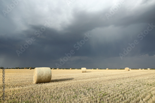 A farmers field during an evening storm at sunset.
