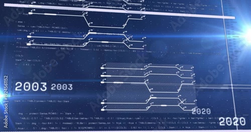 Camera tilting starting hologram timeline rotating and sliding, marking years and guiding history