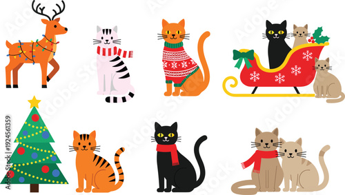 Colorful vector illustration set of cute Christmas cats in sweaters and scarves with a reindeer holiday tree and festive sleigh for seasonal winter branding (