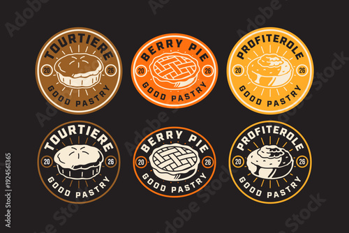 Tourtiere pie, Berry lattice tart, Profiterole choux dessert retro badge logo design set for cafes. French pastry vintage patch sticker pack. Sweet bakery desserts rustic emblem elements collection