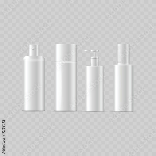 Realistic White Cosmetic Bottle Mockup Set. Vector Plastic Shampoo, Lotion and Shower Gel Container Templates with Flip-Top Caps.