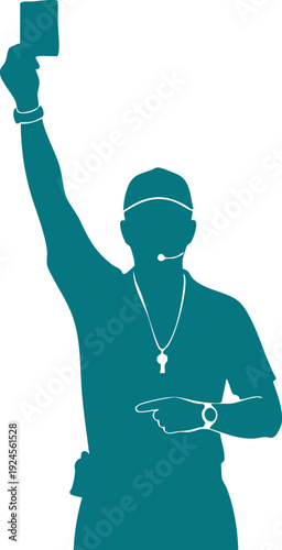 Teal silhouette referee holding red card pointing sports